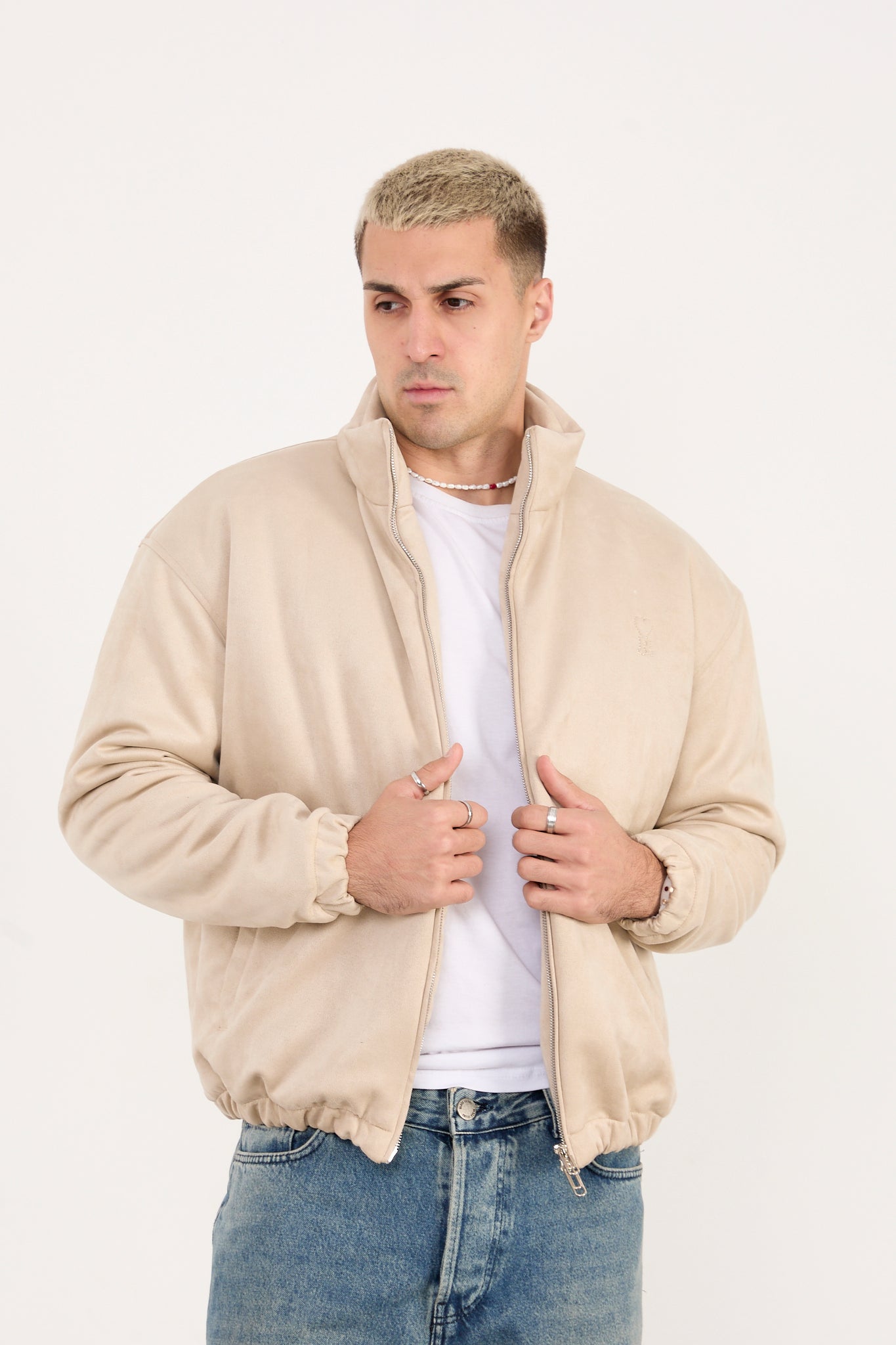 X-2035 Men’s Vegan Leather Zip Jacket with Soft Lining – Beige