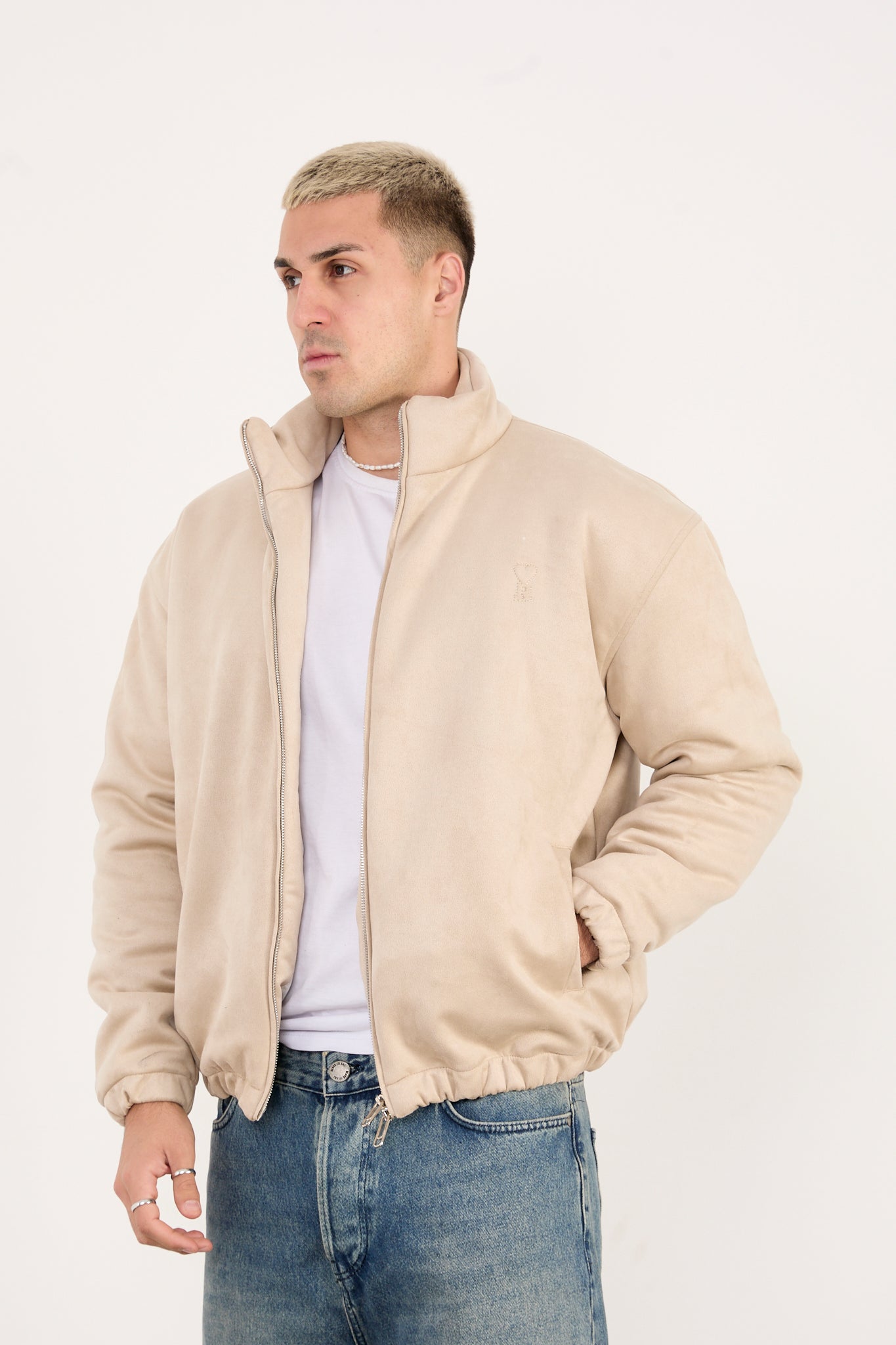 X-2035 Men’s Vegan Leather Zip Jacket with Soft Lining – Beige