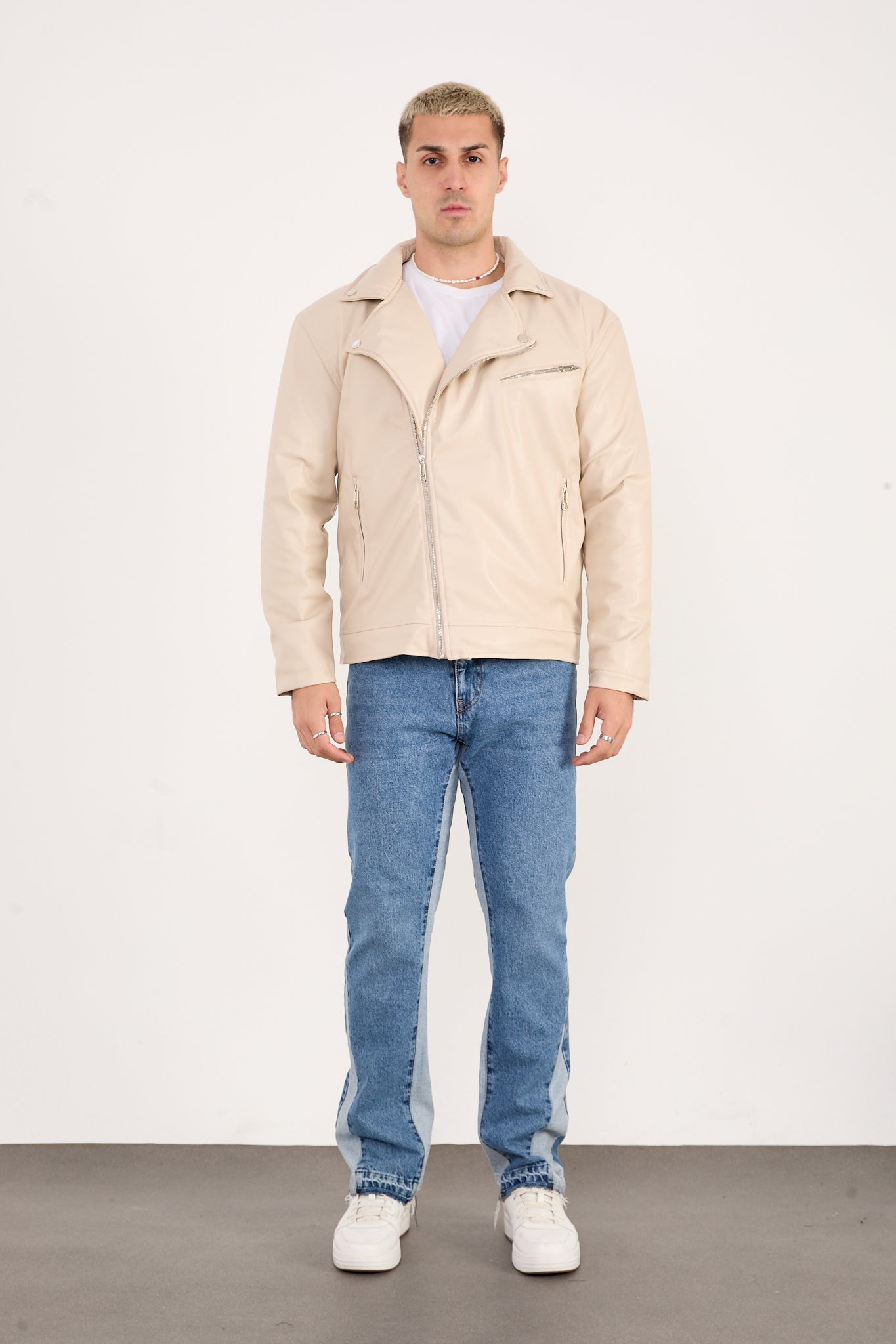 X-2028 Men’s Vegan Leather Biker Jacket – Beige