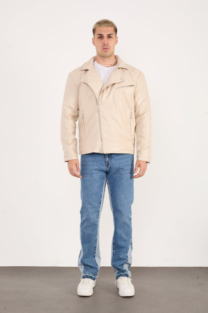 X-2028 Men’s Vegan Leather Biker Jacket – Beige