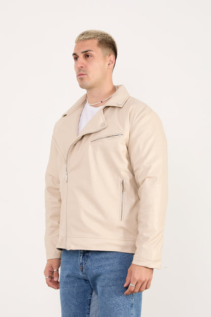 X-2028 Men’s Vegan Leather Biker Jacket – Beige