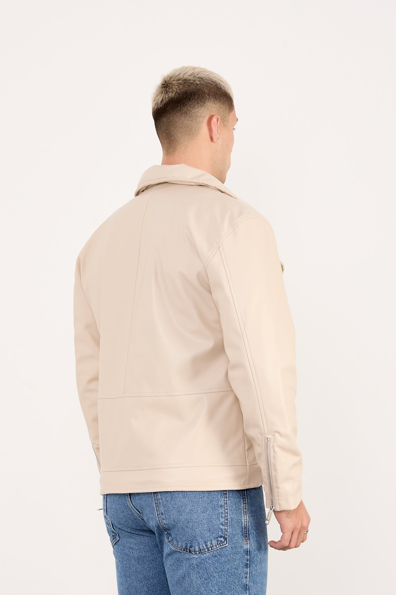 X-2028 Men’s Vegan Leather Biker Jacket – Beige