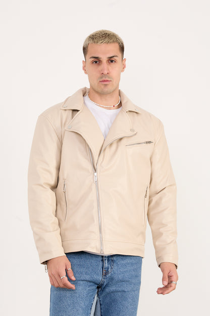 X-2028 Men’s Vegan Leather Biker Jacket – Beige
