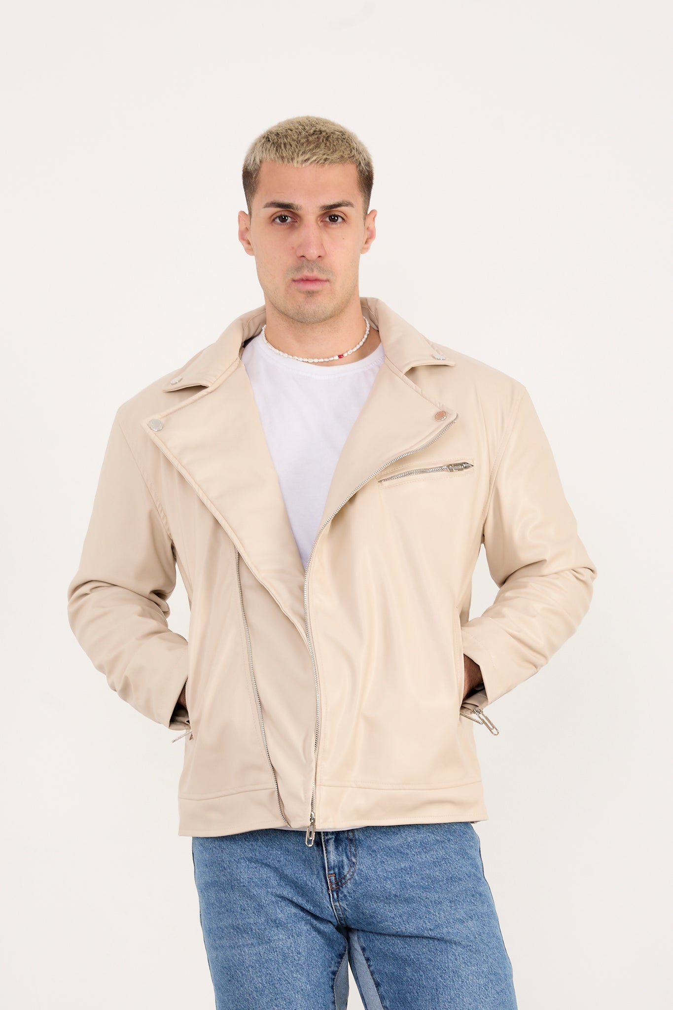 X-2028 Men’s Vegan Leather Biker Jacket – Beige