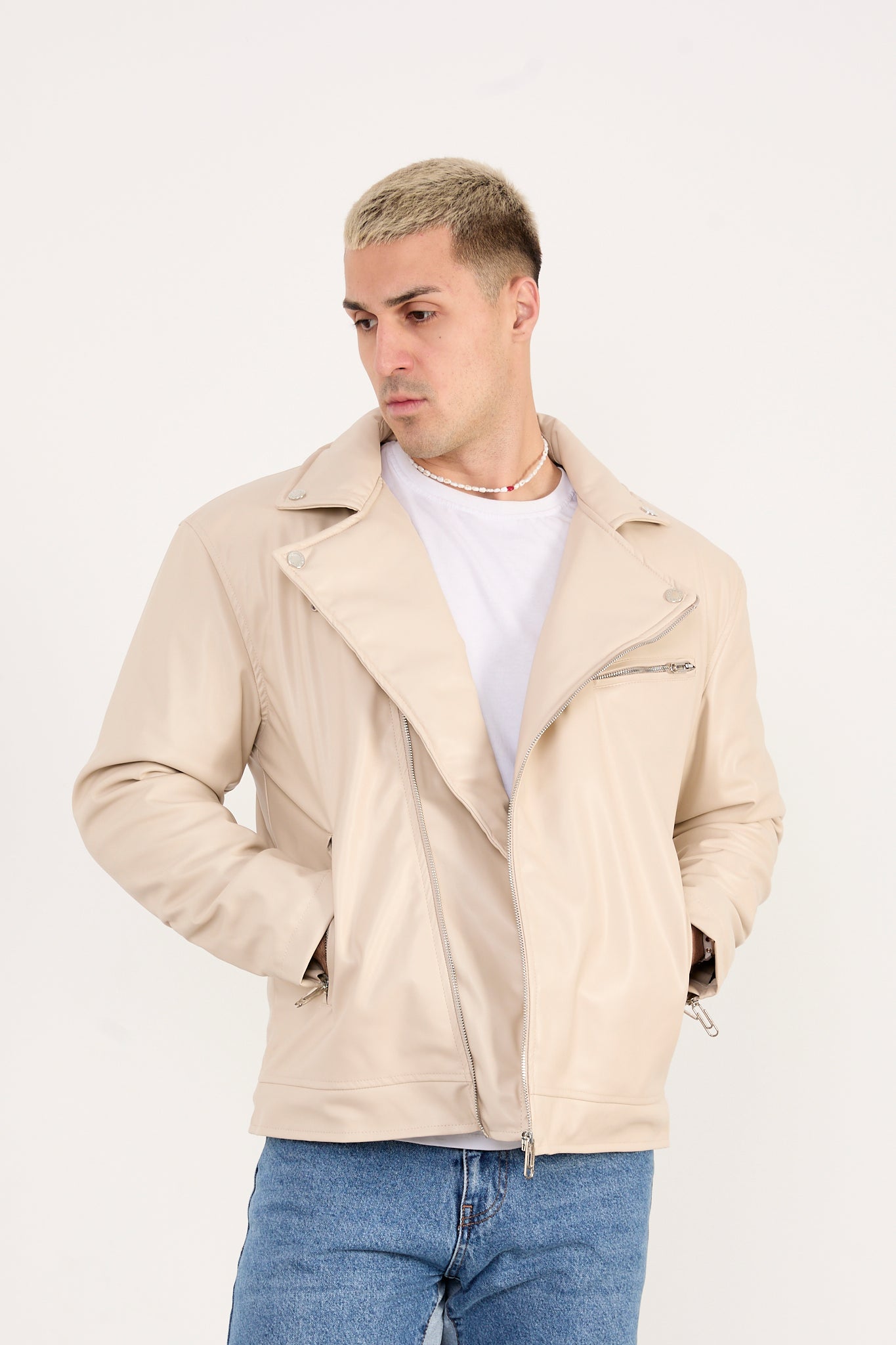 X-2028 Men’s Vegan Leather Biker Jacket – Beige