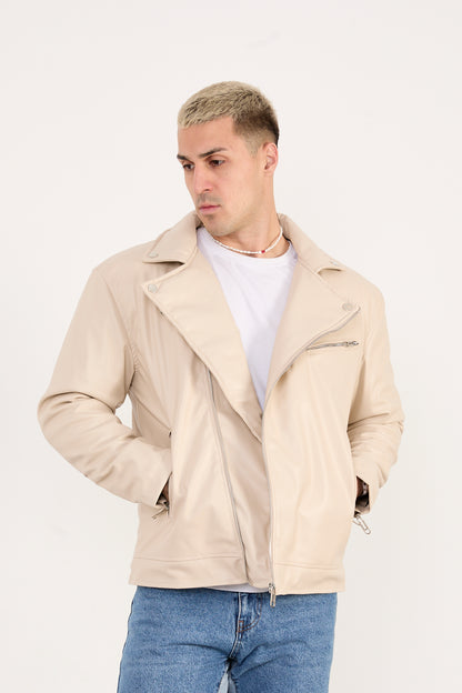 X-2028 Men’s Vegan Leather Biker Jacket – Beige
