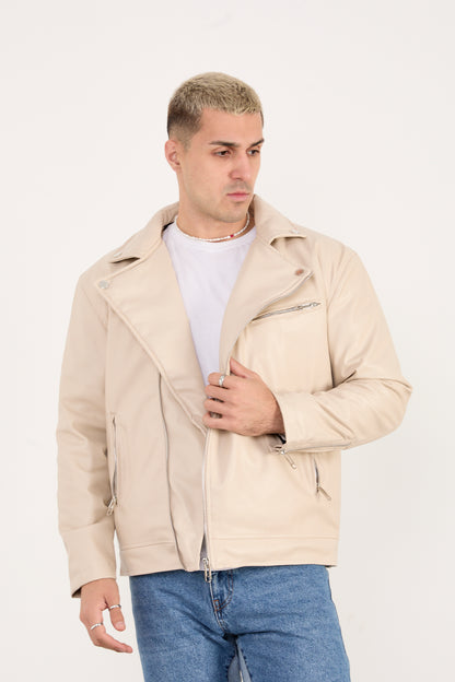 X-2028 Men’s Vegan Leather Biker Jacket – Beige