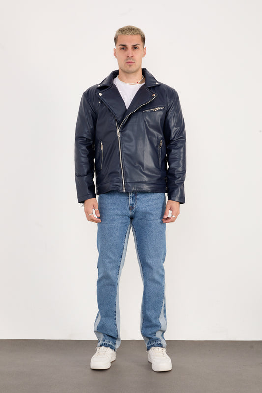 X-2028 Men’s Vegan Leather Biker Jacket – Navy
