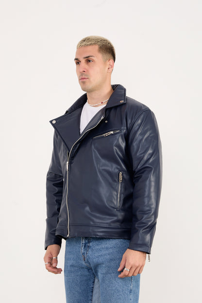 X-2028 Men’s Vegan Leather Biker Jacket – Navy