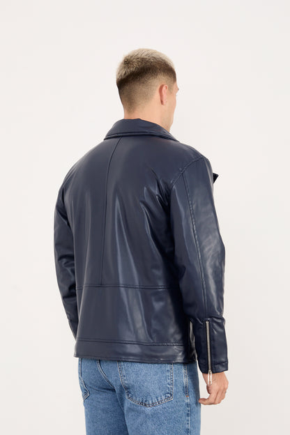 X-2028 Men’s Vegan Leather Biker Jacket – Navy