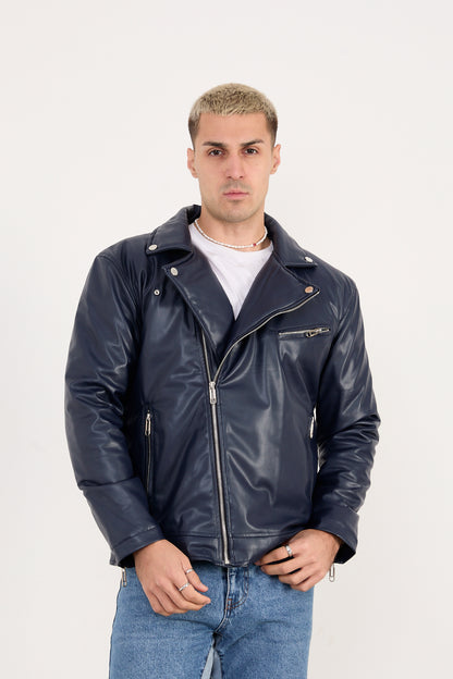 X-2028 Men’s Vegan Leather Biker Jacket – Navy