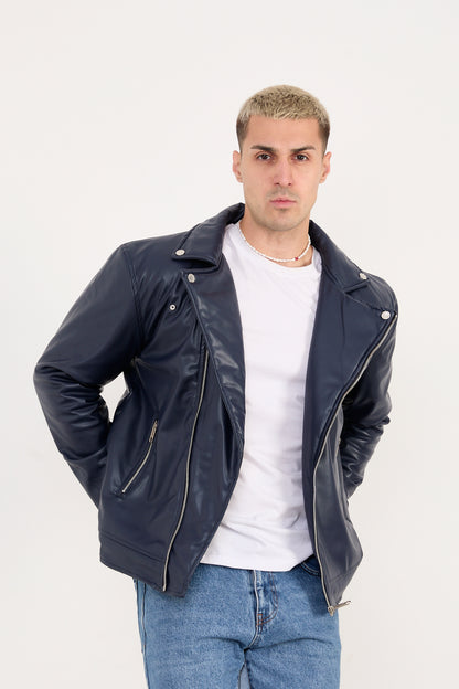 X-2028 Men’s Vegan Leather Biker Jacket – Navy