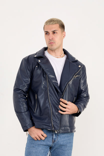 X-2028 Men’s Vegan Leather Biker Jacket – Navy