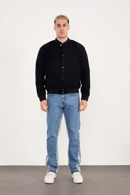 X-2026 Men’s Black Quilted Lined Wool-Blend Bomber Jacket – Snap Button Closure