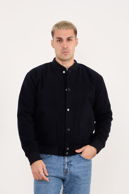 X-2026 Men’s Black Quilted Lined Wool-Blend Bomber Jacket – Snap Button Closure