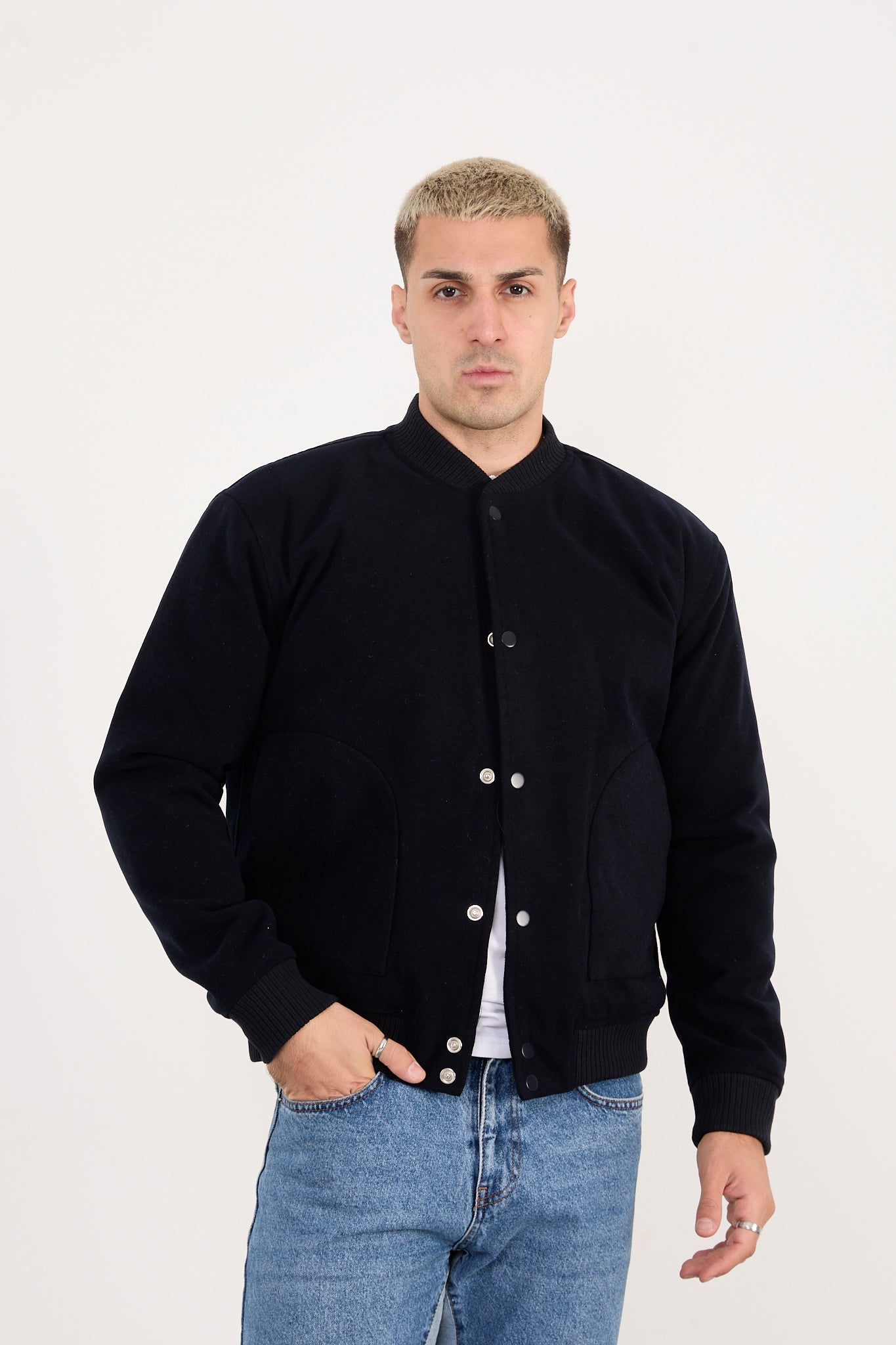 X-2026 Men’s Black Quilted Lined Wool-Blend Bomber Jacket – Snap Button Closure