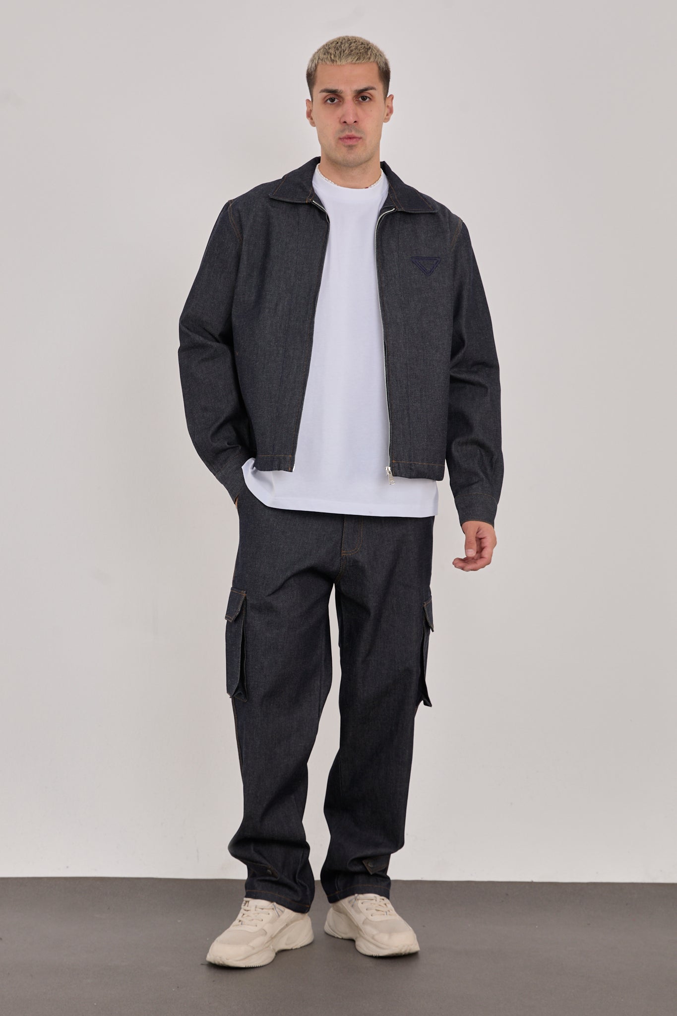 Men’s Dark Blue Embroidered Jacket – 100% Cotton, Streetwear Style-X-2044