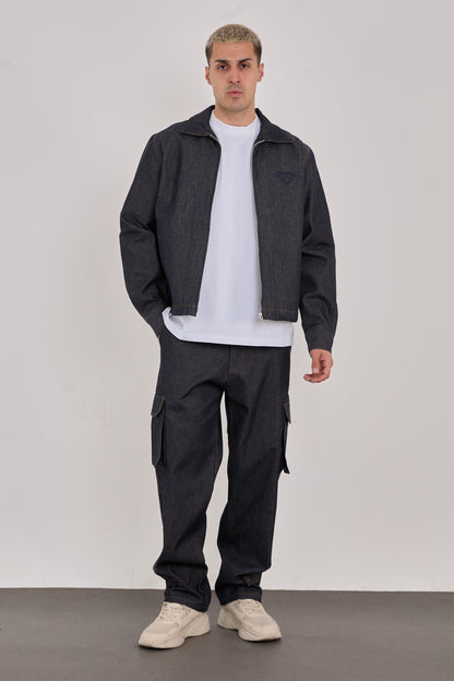 Men’s Dark Blue Embroidered Jacket – 100% Cotton, Streetwear Style-X-2044