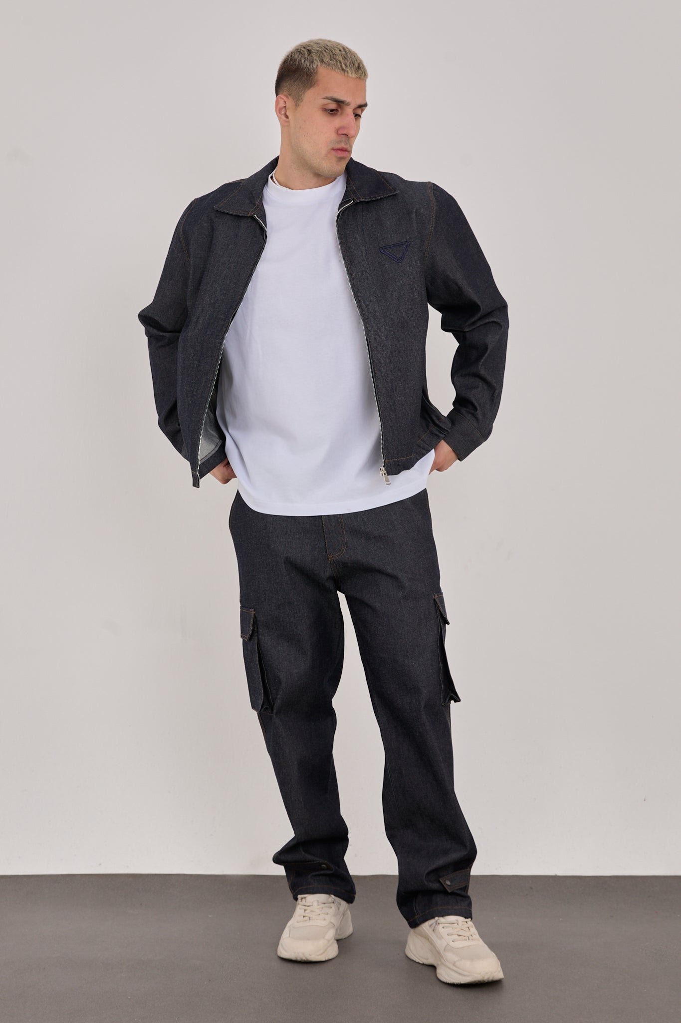 Men’s Dark Blue Embroidered Jacket – 100% Cotton, Streetwear Style-X-2044