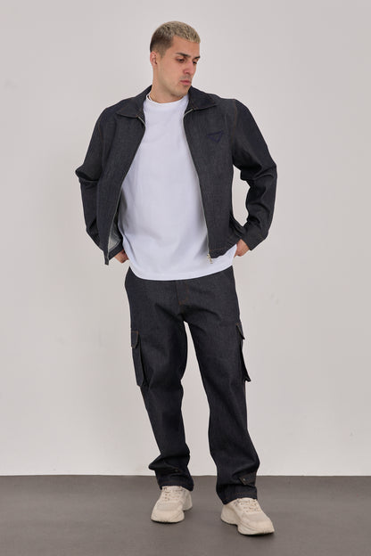 Men’s Dark Blue Embroidered Jacket – 100% Cotton, Streetwear Style-X-2044