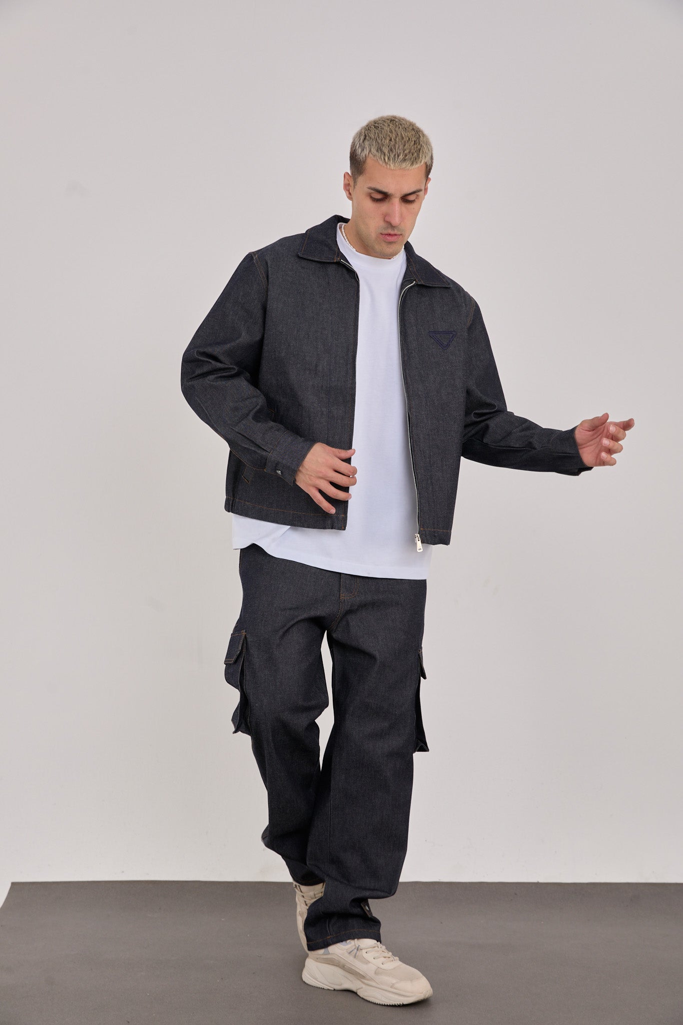 Men’s Dark Blue Embroidered Jacket – 100% Cotton, Streetwear Style-X-2044