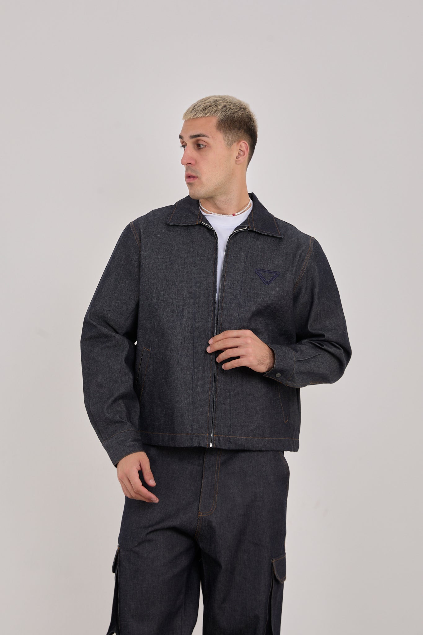 Men’s Dark Blue Embroidered Jacket – 100% Cotton, Streetwear Style-X-2044