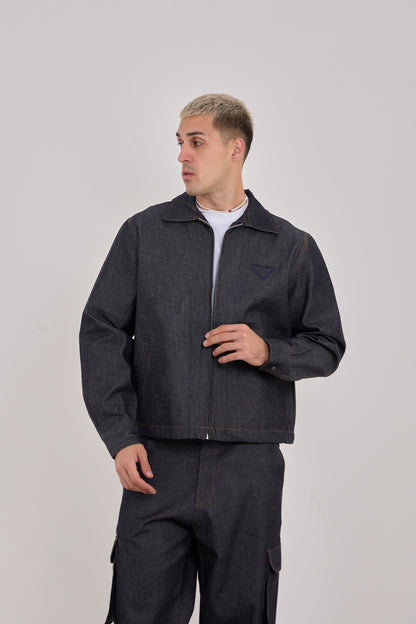 Men’s Dark Blue Embroidered Jacket – 100% Cotton, Streetwear Style-X-2044