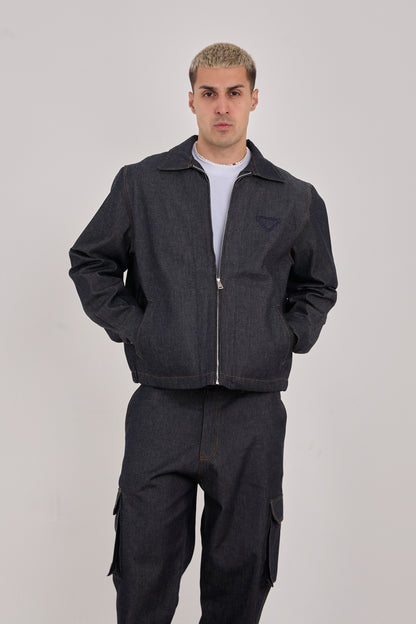 Men’s Dark Blue Embroidered Jacket – 100% Cotton, Streetwear Style-X-2044