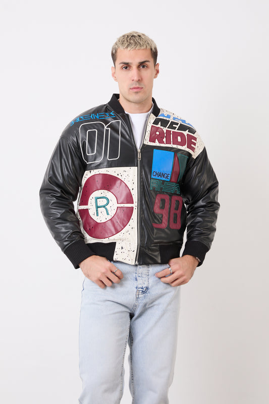 R-2477 Men’s Oversized Quilted Lined Vegan Leather Biker Jacket – Black