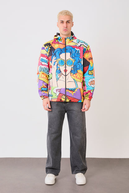 R-1919 Unısex Comic Style Printed Windbreaker – Lightweight Hooded Pop Art Rain Jacket