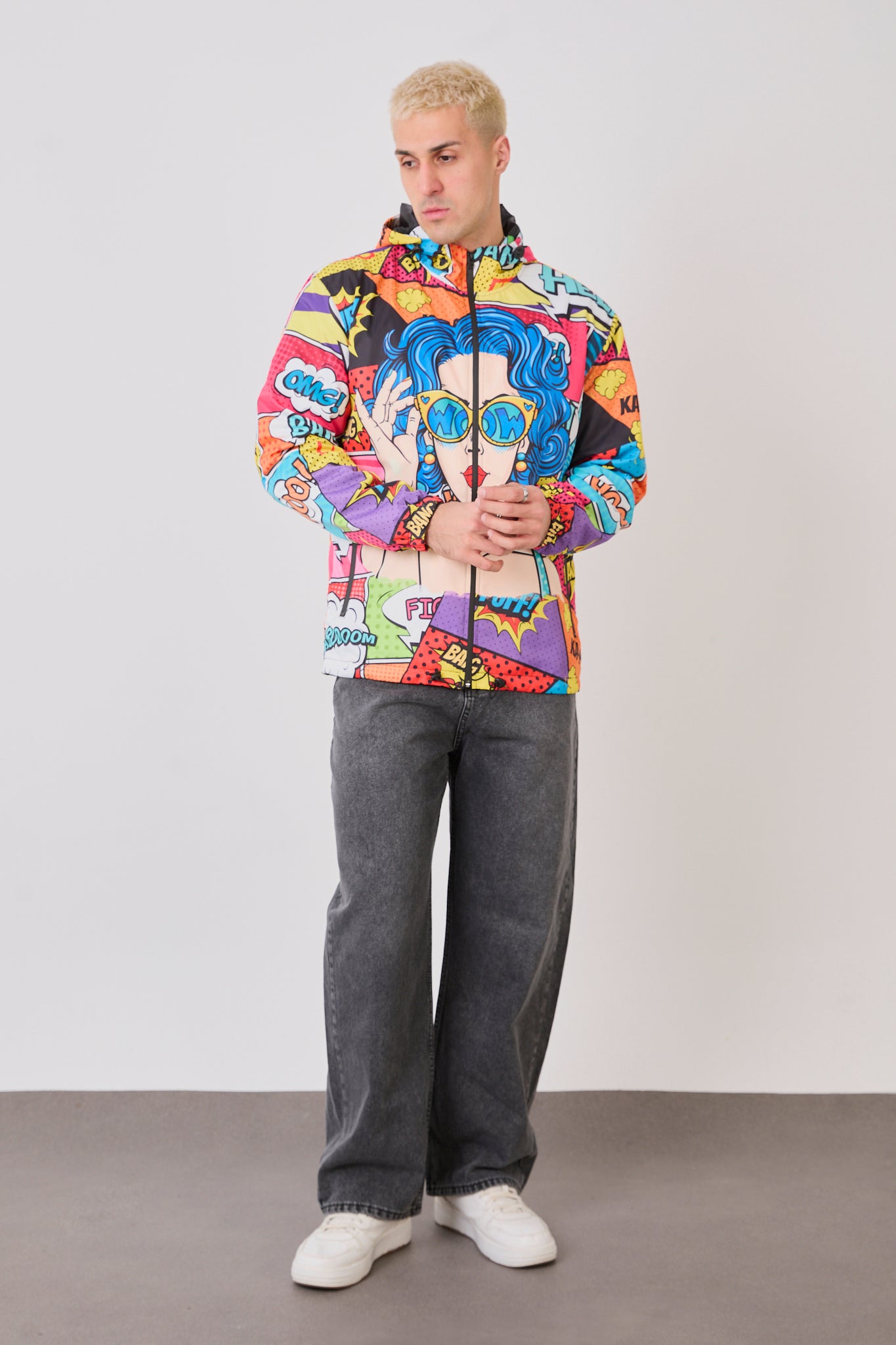 R-1919 Unısex Comic Style Printed Windbreaker – Lightweight Hooded Pop Art Rain Jacket
