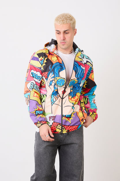 R-1919 Unısex Comic Style Printed Windbreaker – Lightweight Hooded Pop Art Rain Jacket