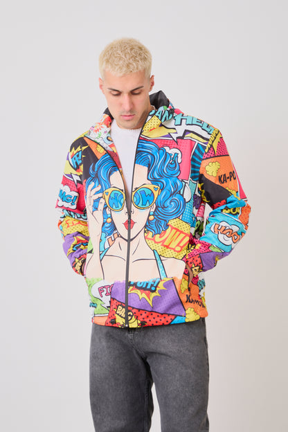 R-1919 Unısex Comic Style Printed Windbreaker – Lightweight Hooded Pop Art Rain Jacket