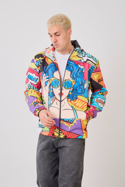 R-1919 Unısex Comic Style Printed Windbreaker – Lightweight Hooded Pop Art Rain Jacket