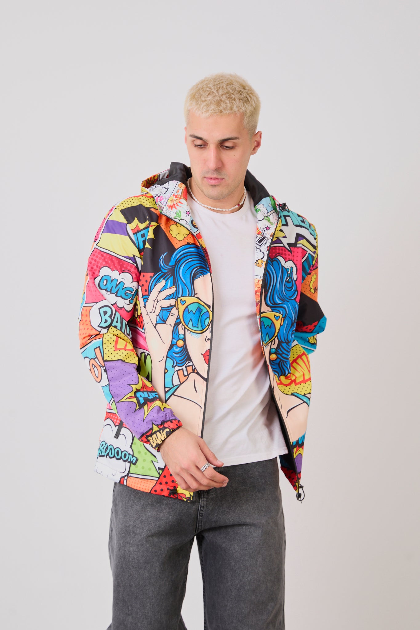 R-1919 Unısex Comic Style Printed Windbreaker – Lightweight Hooded Pop Art Rain Jacket