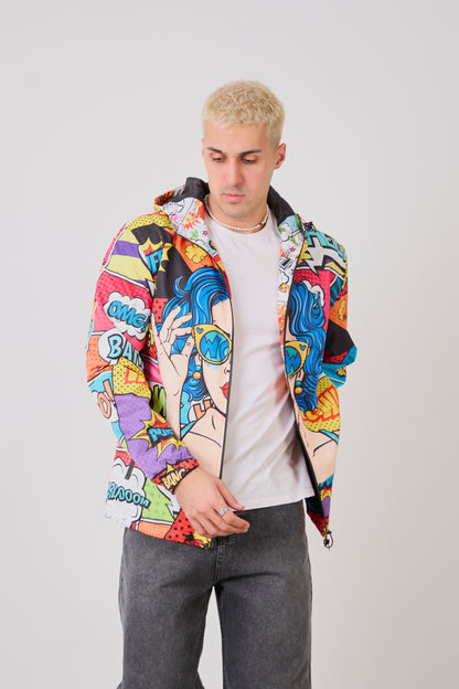 R-1919 Unısex Comic Style Printed Windbreaker – Lightweight Hooded Pop Art Rain Jacket