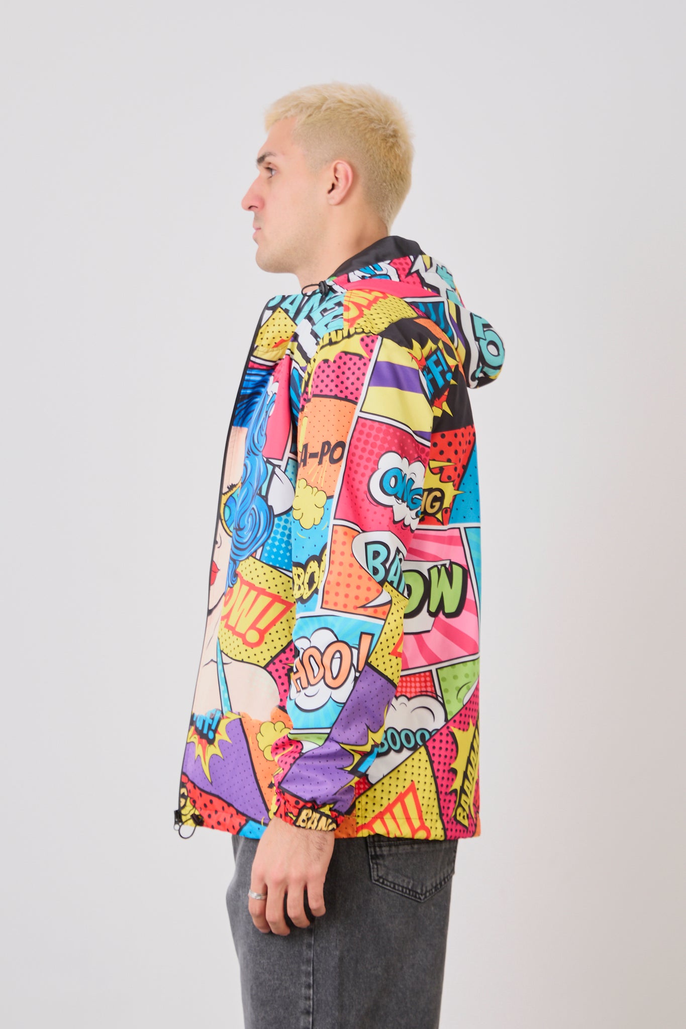 R-1919 Unısex Comic Style Printed Windbreaker – Lightweight Hooded Pop Art Rain Jacket