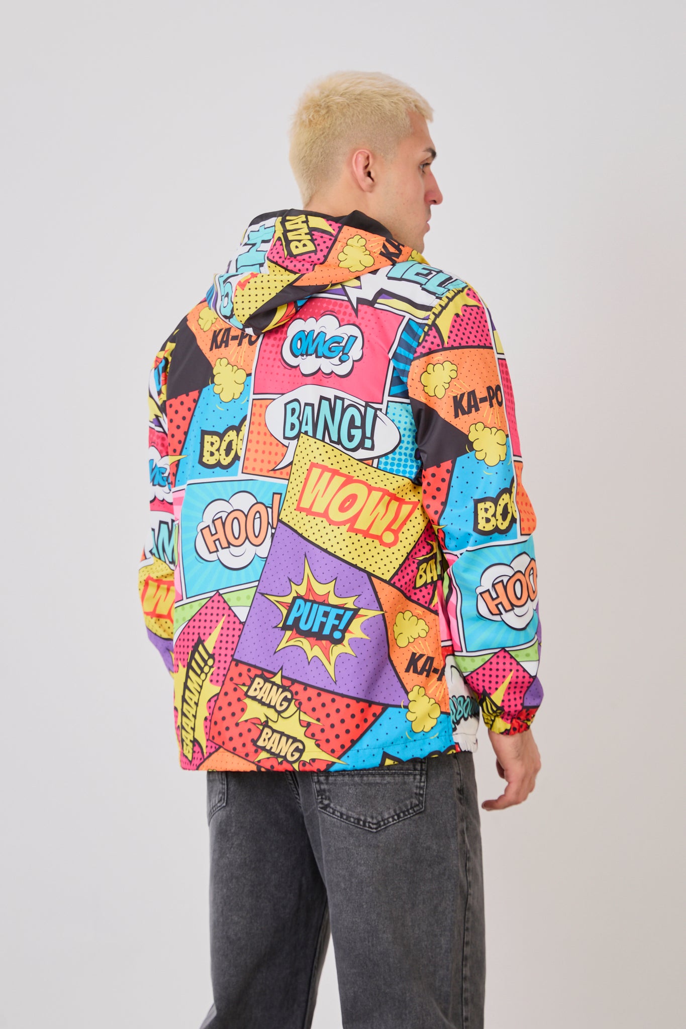 R-1919 Unısex Comic Style Printed Windbreaker – Lightweight Hooded Pop Art Rain Jacket