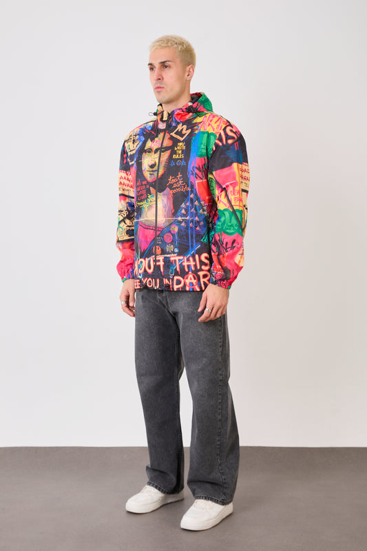 R-2252 Unisex Graphic Print Hooded Rain Jacket – Full Zip Streetwear Windbreaker