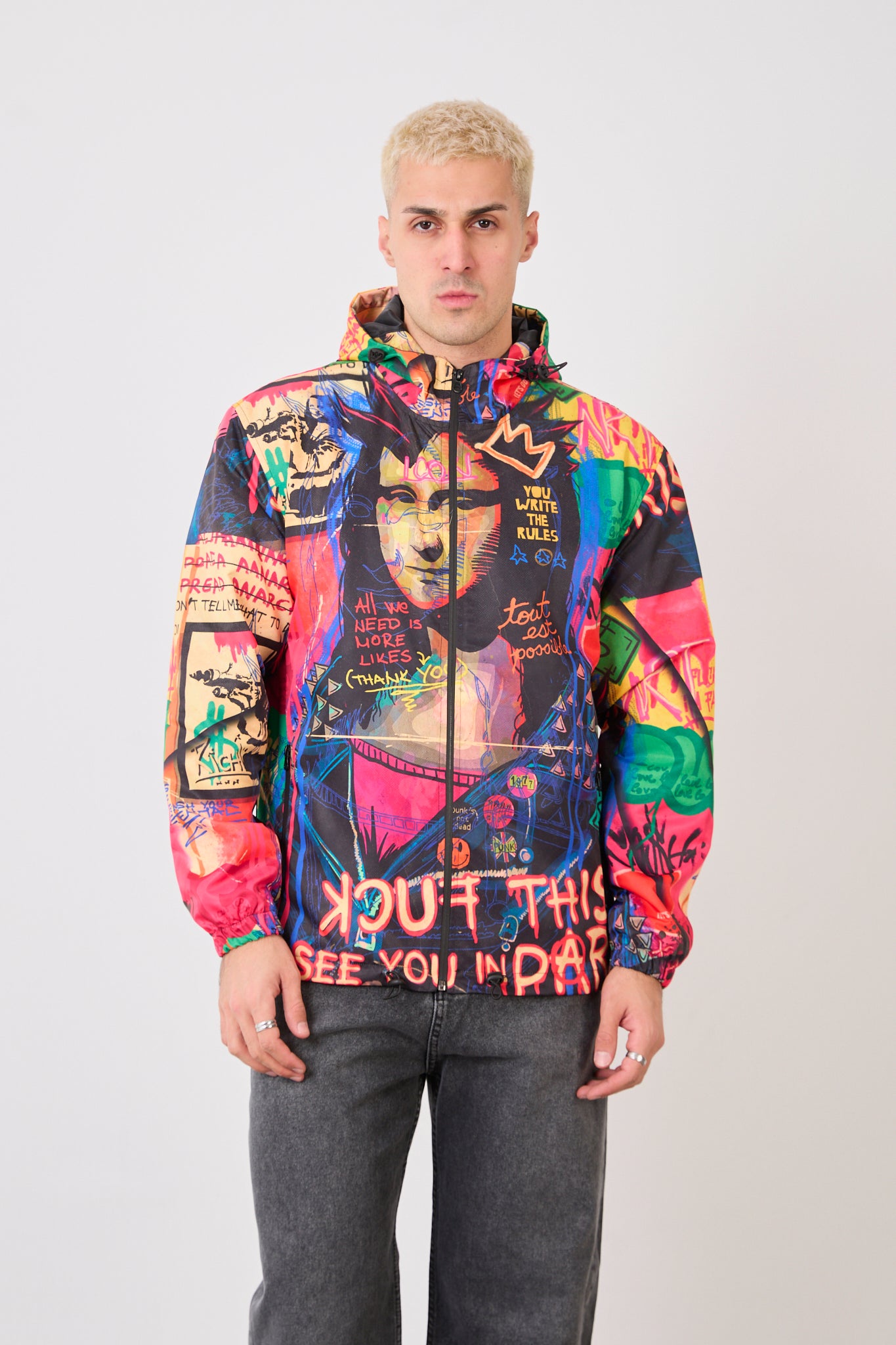 R-2252 Unisex Graphic Print Hooded Rain Jacket – Full Zip Streetwear Windbreaker