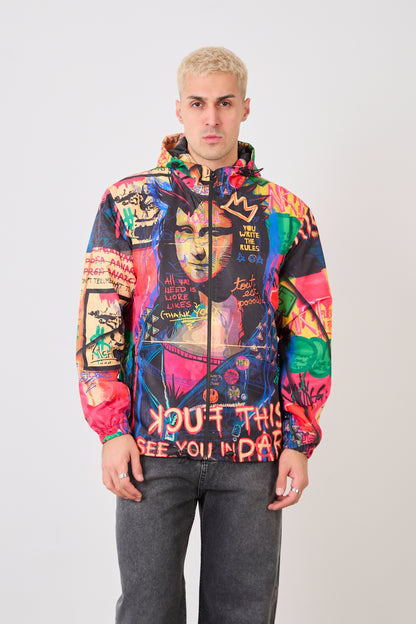 R-2252 Unisex Graphic Print Hooded Rain Jacket – Full Zip Streetwear Windbreaker