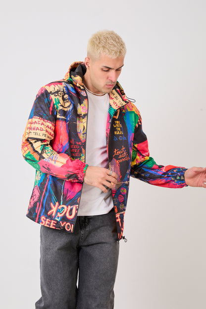 R-2252 Unisex Graphic Print Hooded Rain Jacket – Full Zip Streetwear Windbreaker