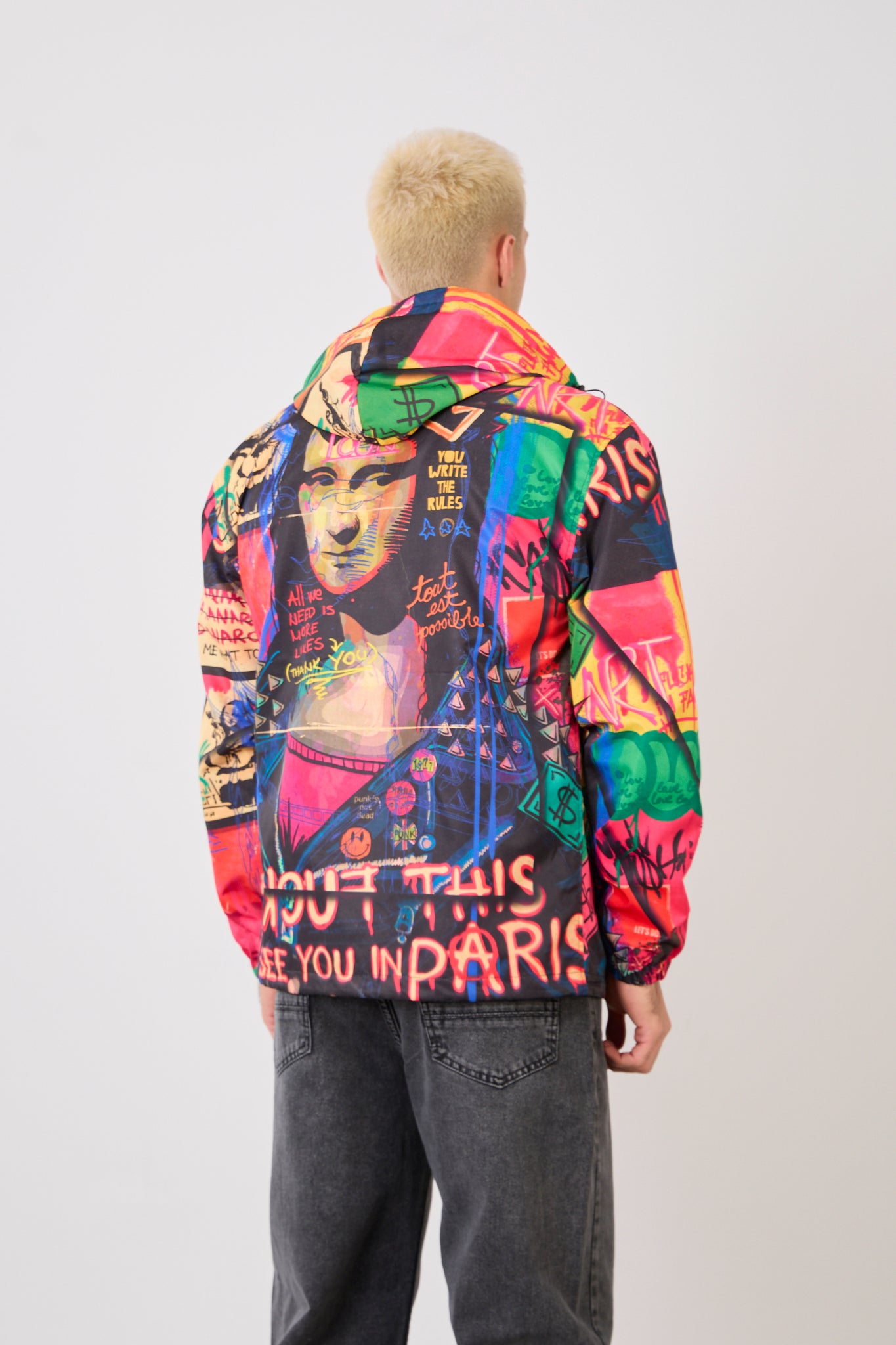 R-2252 Unisex Graphic Print Hooded Rain Jacket – Full Zip Streetwear Windbreaker
