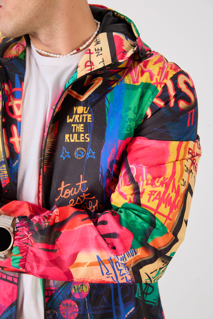 R-2252 Unisex Graphic Print Hooded Rain Jacket – Full Zip Streetwear Windbreaker