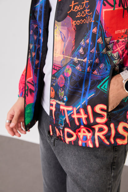 R-2252 Unisex Graphic Print Hooded Rain Jacket – Full Zip Streetwear Windbreaker