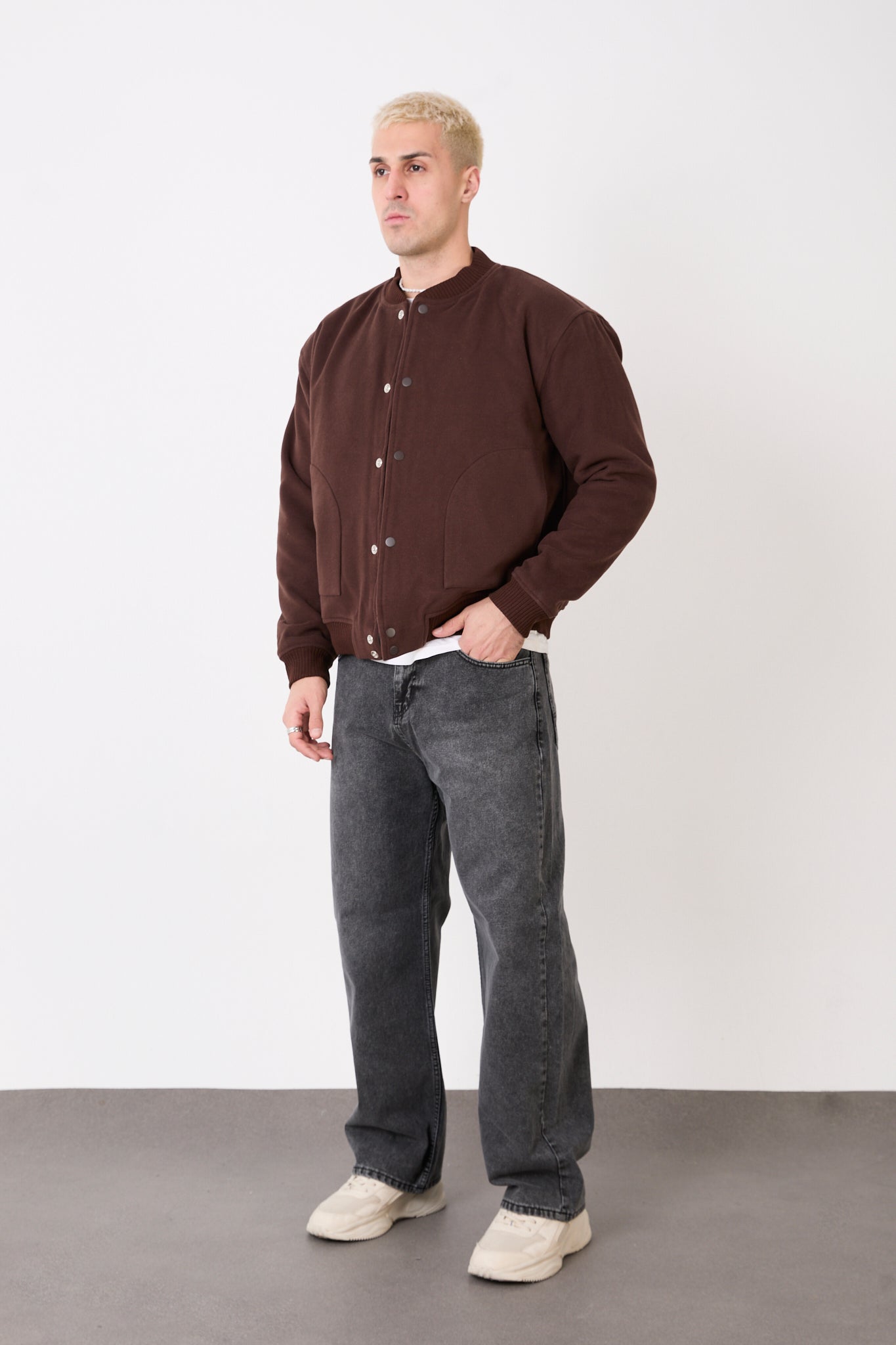 X-2026 Men’s Wool-Blend Bomber Jacket – Dark Brown