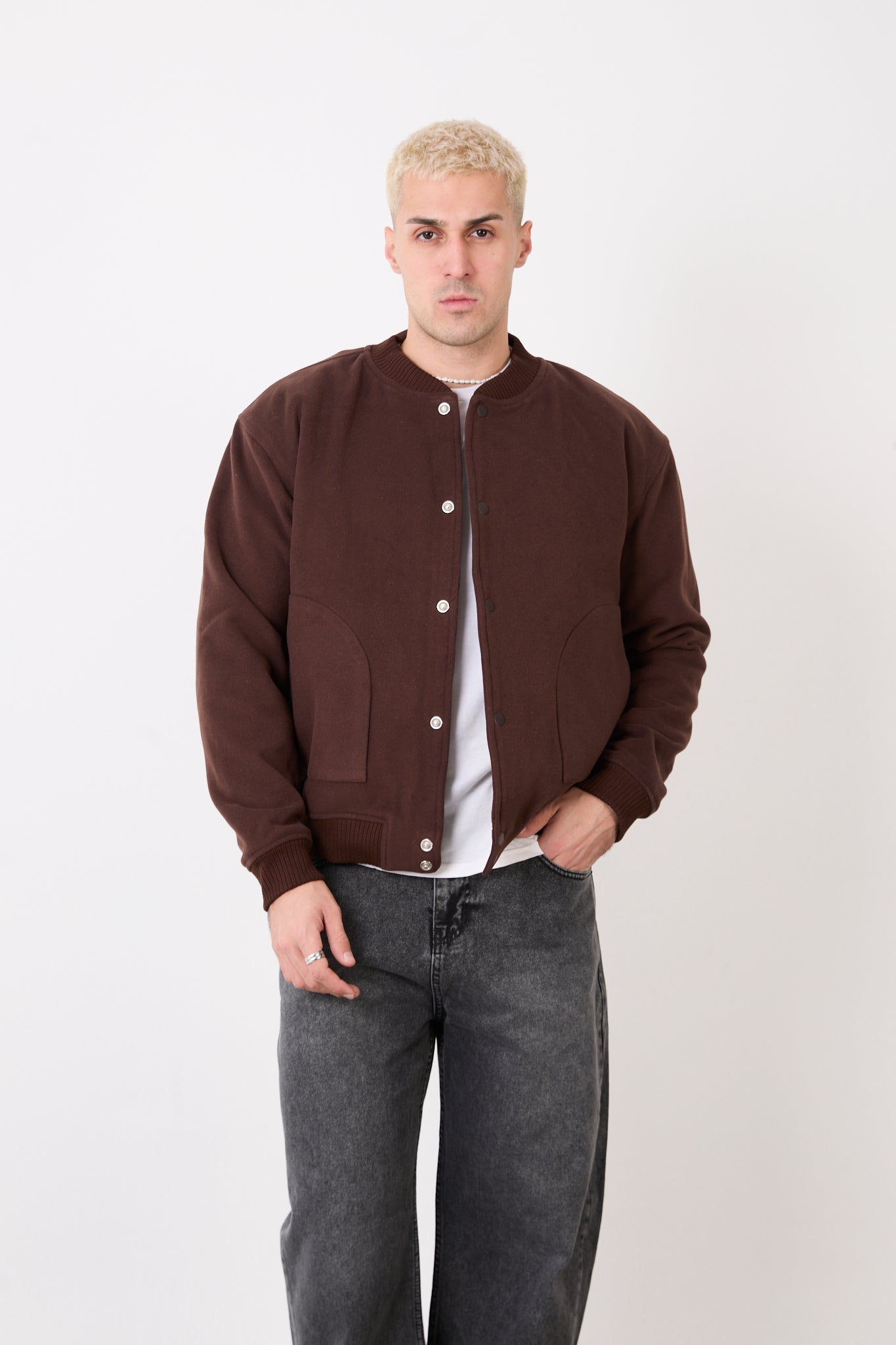 X-2026 Men’s Wool-Blend Bomber Jacket – Dark Brown