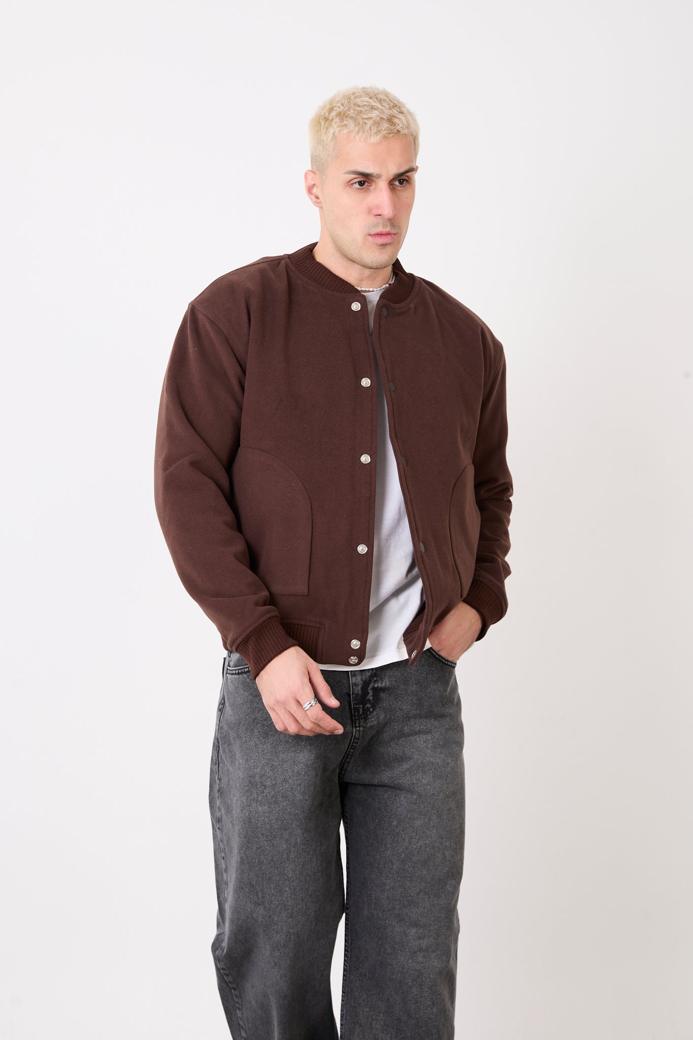 X-2026 Men’s Wool-Blend Bomber Jacket – Dark Brown