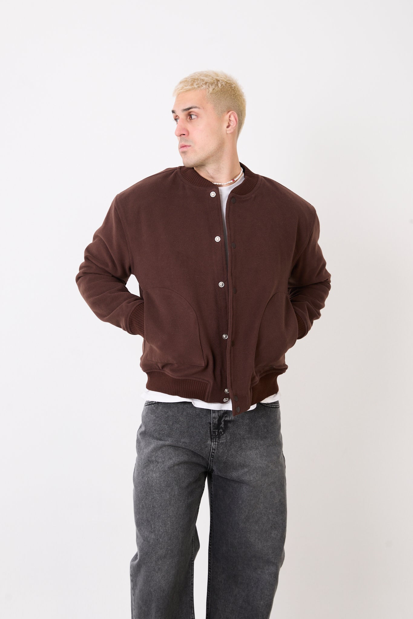 X-2026 Men’s Wool-Blend Bomber Jacket – Dark Brown