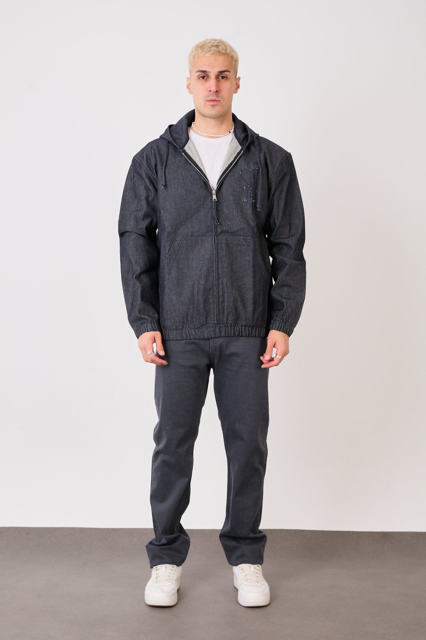 X-2029 Men’s Half-Zip Denim Hoodie Jacket – Casual Relaxed Fit